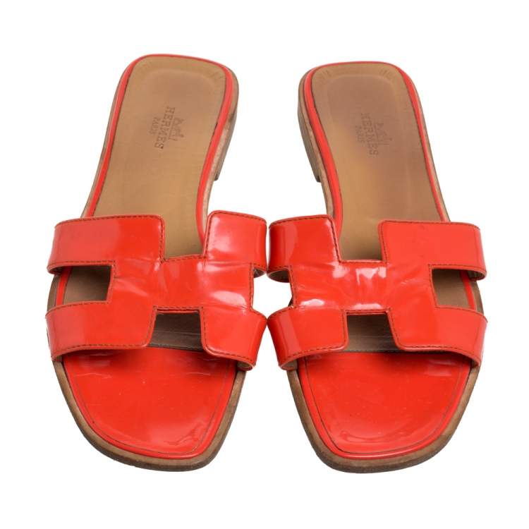 Pre Owned Hermes Orange Patent Leather Oran Flats Size 38