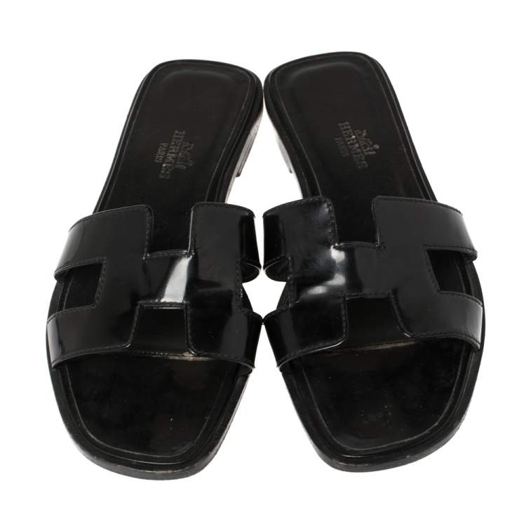 Pre Owned Hermes Black Patent Leather Oran Flats Size 35