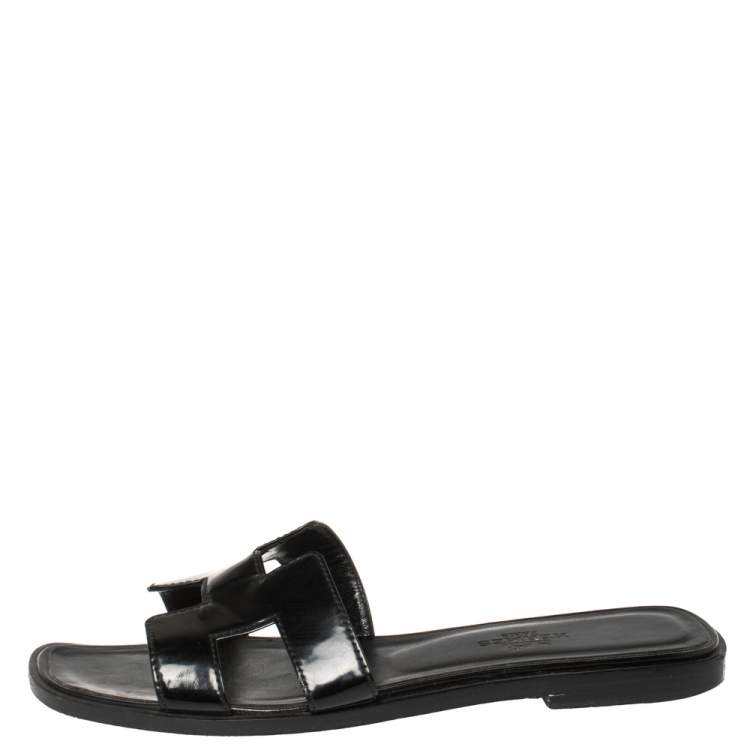 Pre Owned Hermes Black Patent Leather Oran Flats Size 35