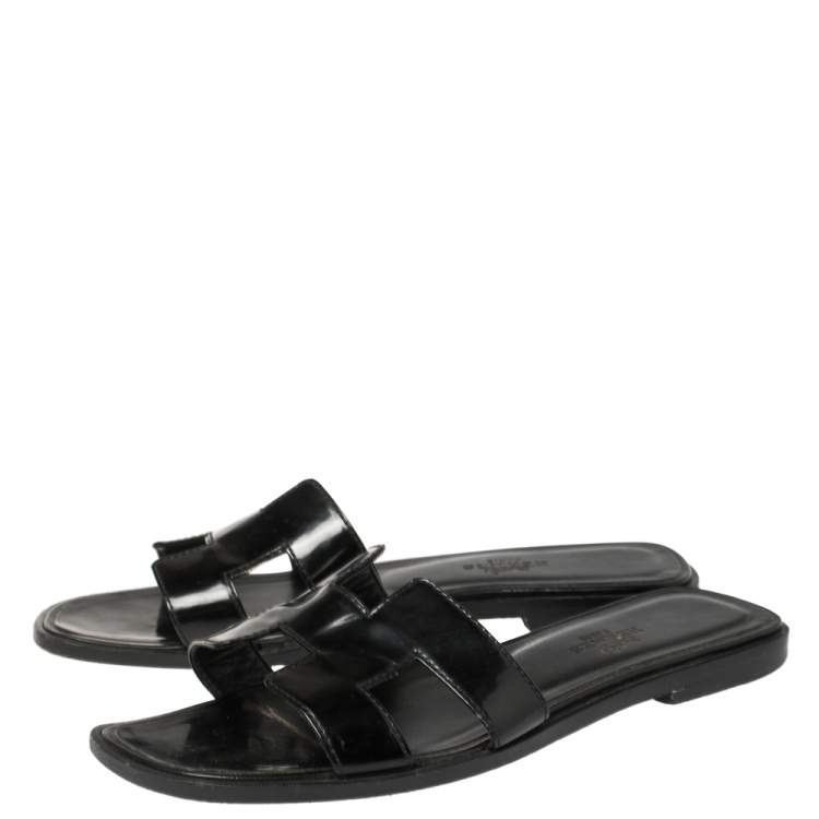 Pre Owned Hermes Black Patent Leather Oran Flats Size 35