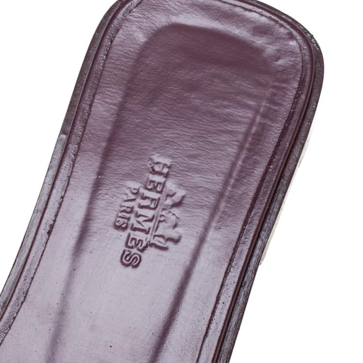 Pre Owned Hermes Burgundy Leather Oran Slide Flats Size 37.5