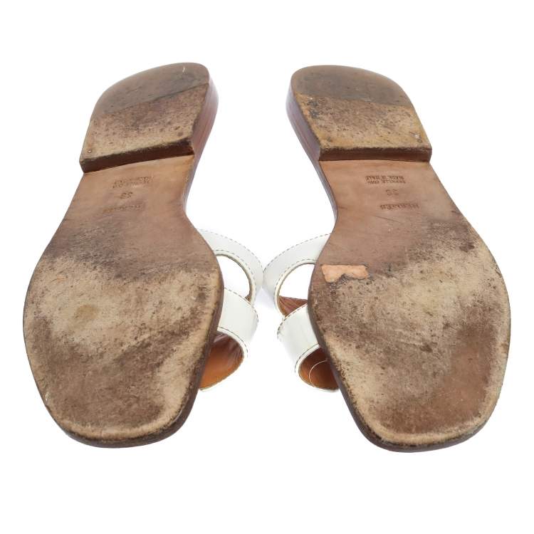 Pre Owned Hermes White Leather Oran Slide Sandals Size 39