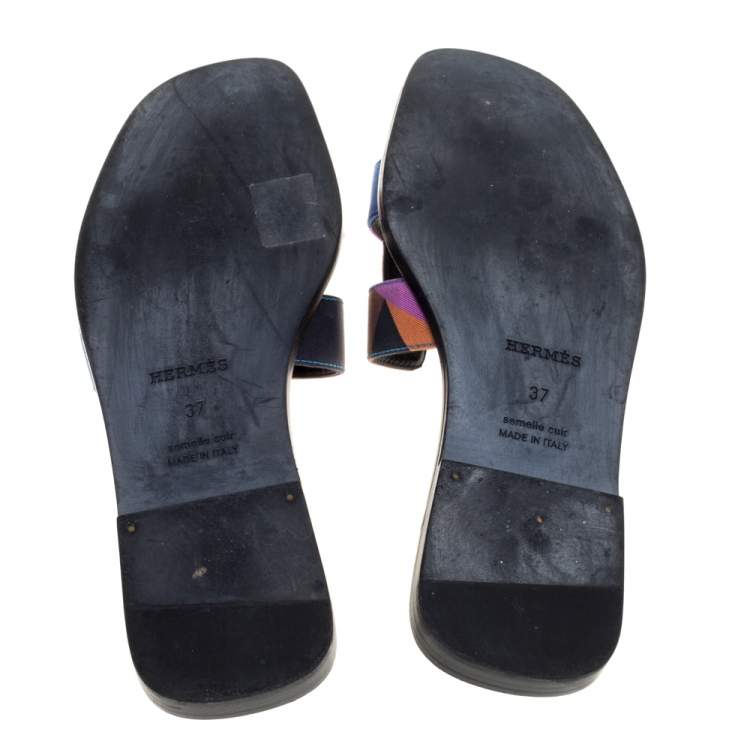 مملوكة مسبقًا Hermes Multicolor Modernisme Tropical Print Canvas Oran Flat Slides Size 37