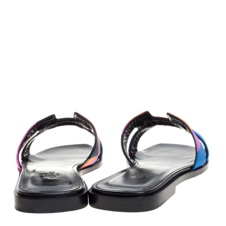 مملوكة مسبقًا Hermes Multicolor Modernisme Tropical Print Canvas Oran Flat Slides Size 37