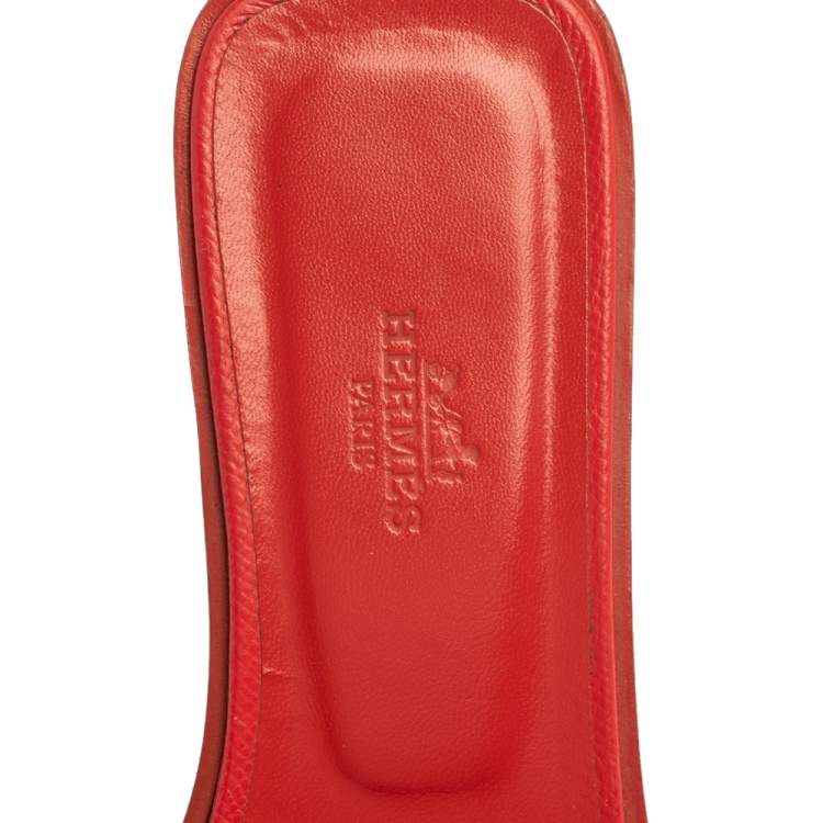 Pre Owned Hermes Red Leather Oran Flat Slides Size 38