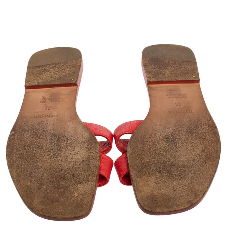 Pre Owned Hermes Red Leather Oran Flat Slides Size 38