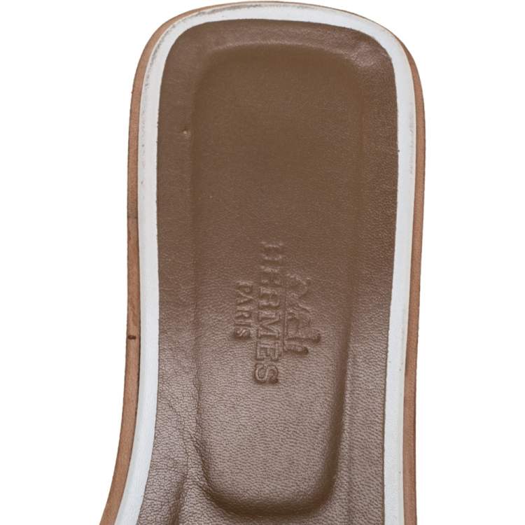 Pre Owned Hermes White Leather Oran Flat Slides Size 39