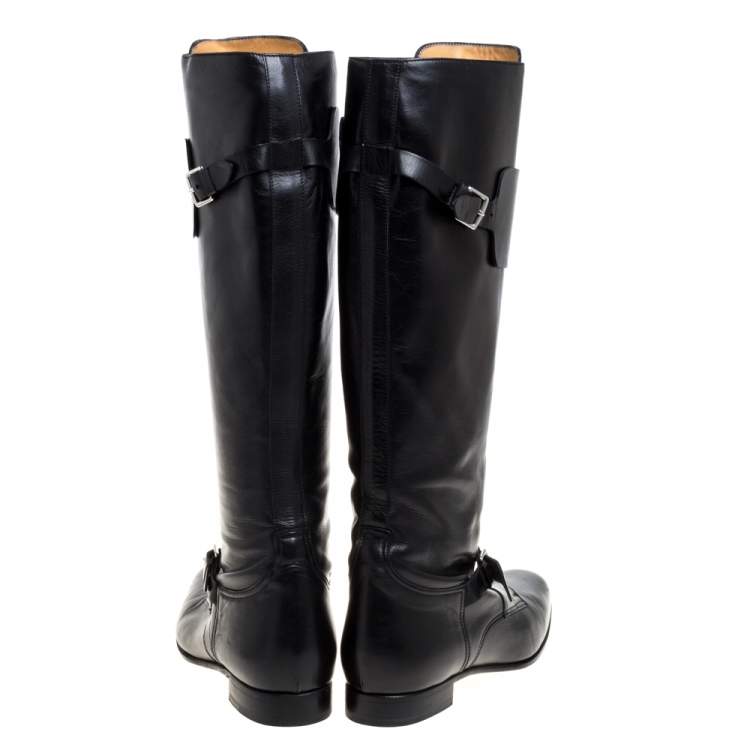 Pre Owned Hermes Black Leather Knee Length Boots Size 37