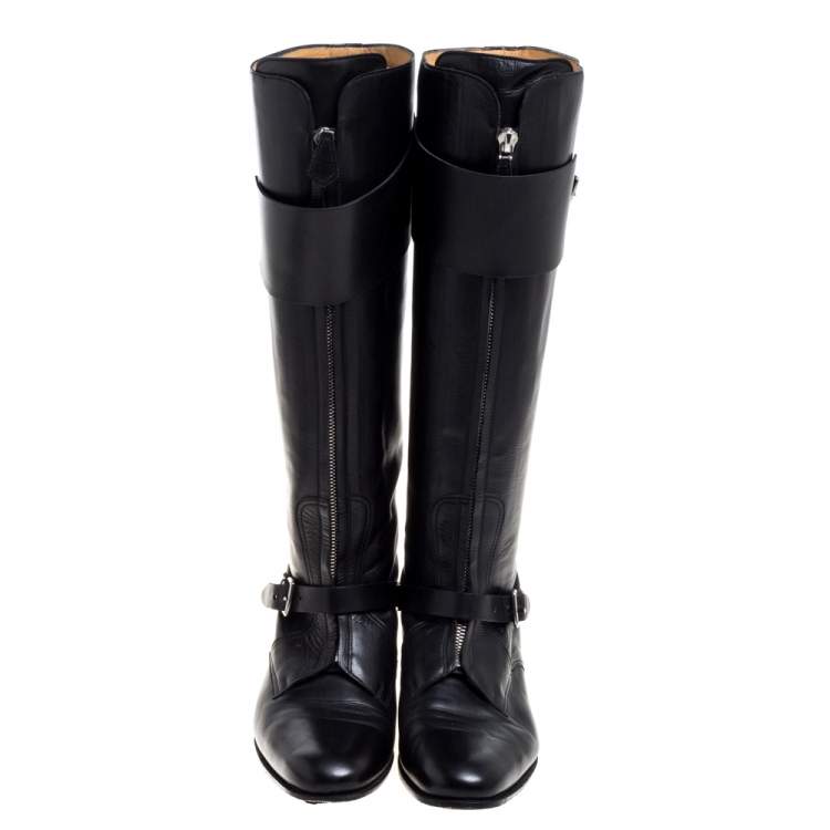 Pre Owned Hermes Black Leather Knee Length Boots Size 37
