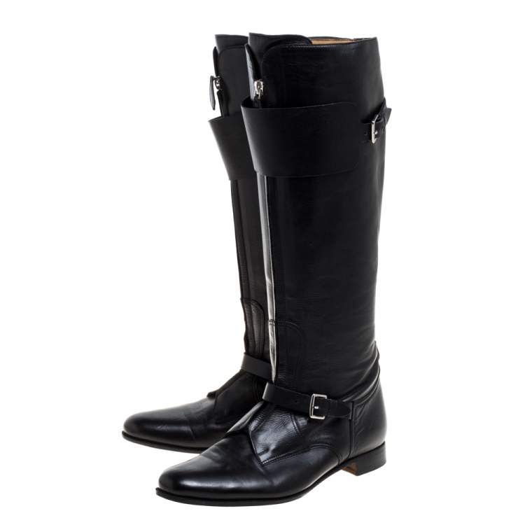 Pre Owned Hermes Black Leather Knee Length Boots Size 37