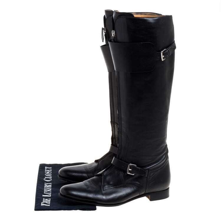 Pre Owned Hermes Black Leather Knee Length Boots Size 37