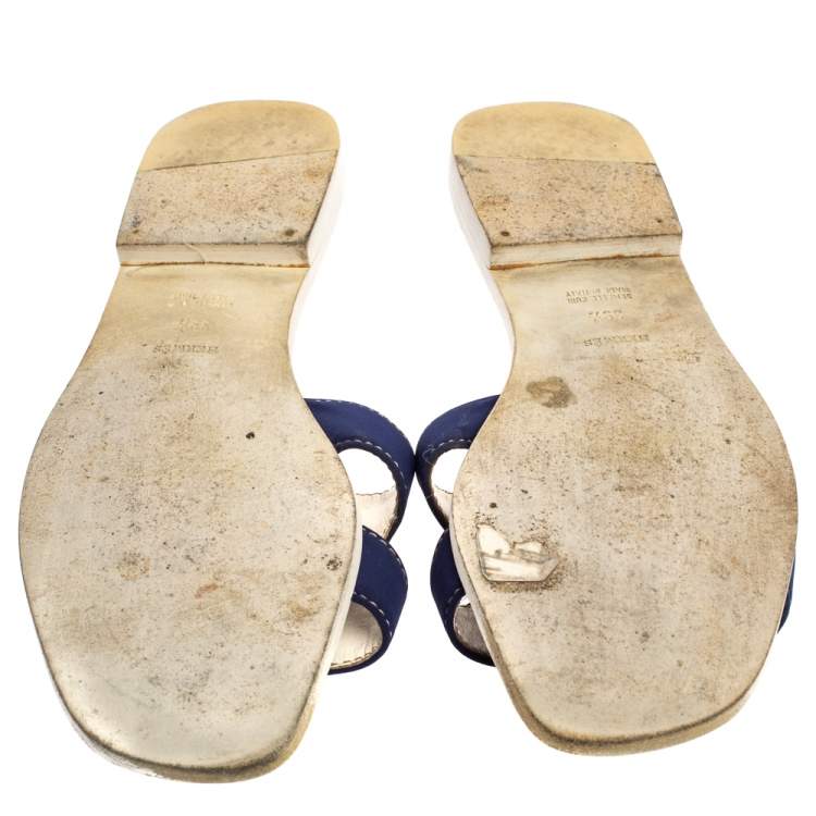 Pre Owned Hermes Blue Fabric Oran Flat Slides Size 39.5