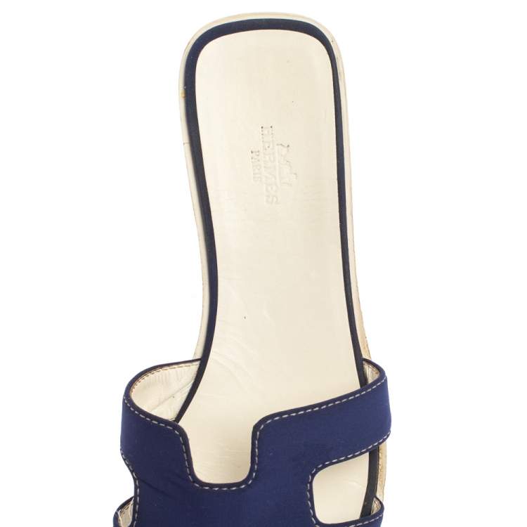 Pre Owned Hermes Blue Fabric Oran Flat Slides Size 39.5