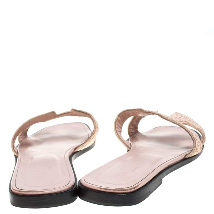 Pre Owned Hermes Beige Fabric Oran Flat Slides Size 39