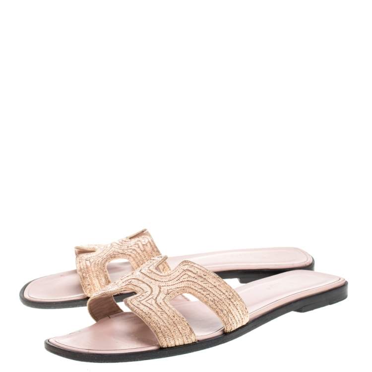 Pre Owned Hermes Beige Fabric Oran Flat Slides Size 39