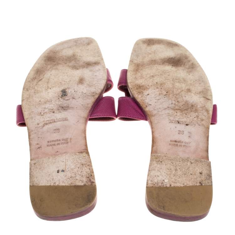 Pre Owned Hermes Burgundy Leather Oran Flat Slides Size 38 