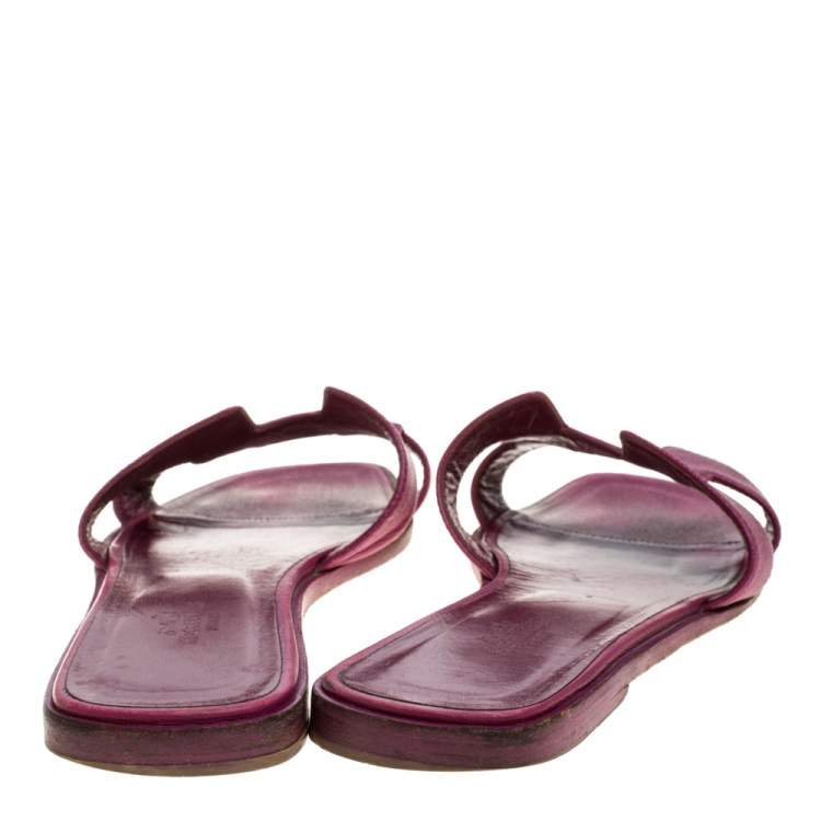 Pre Owned Hermes Burgundy Leather Oran Flat Slides Size 38 