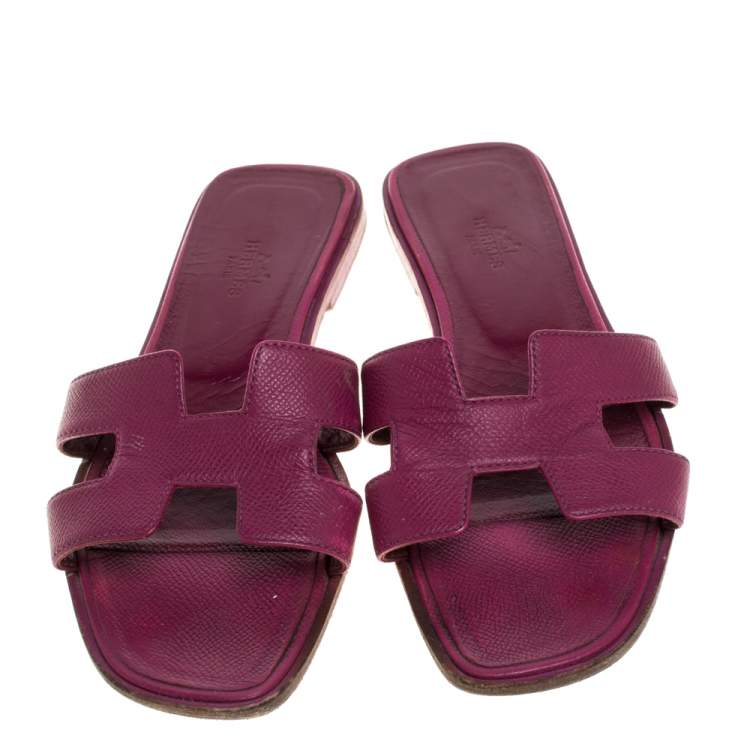 Pre Owned Hermes Burgundy Leather Oran Flat Slides Size 38 