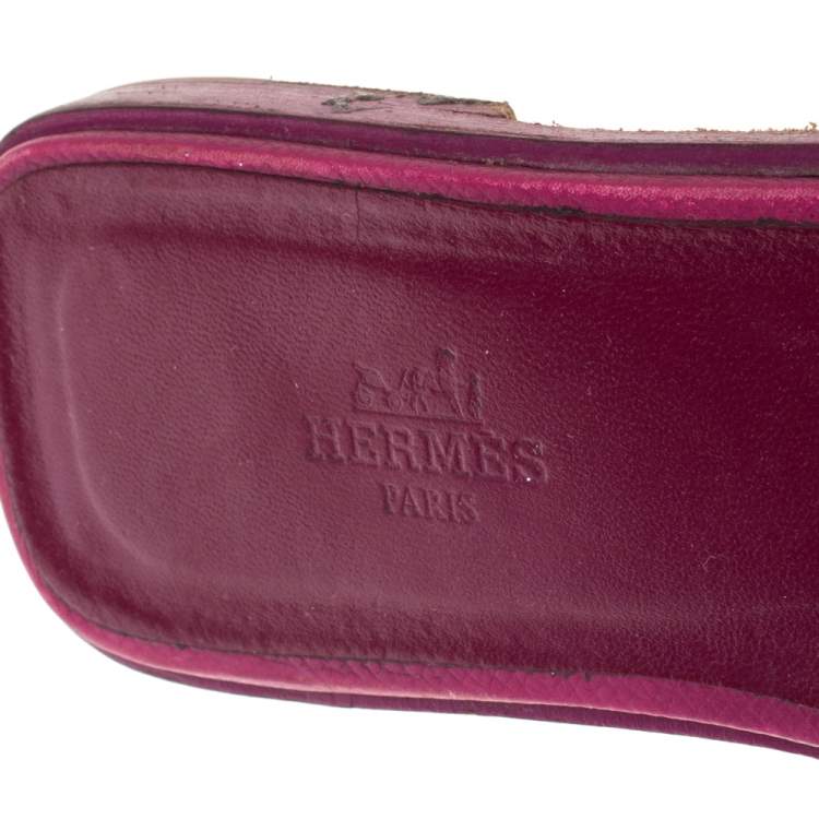 Pre Owned Hermes Burgundy Leather Oran Flat Slides Size 38 