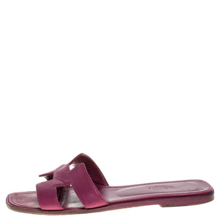 Pre Owned Hermes Burgundy Leather Oran Flat Slides Size 38 