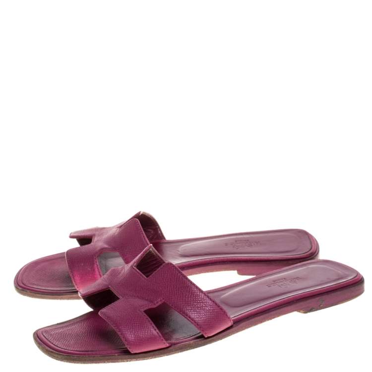 Pre Owned Hermes Burgundy Leather Oran Flat Slides Size 38 