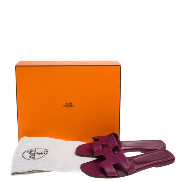 Pre Owned Hermes Burgundy Leather Oran Flat Slides Size 38 