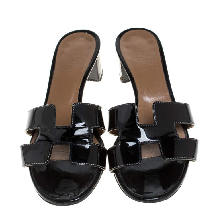 Pre Owned Hermes Black Patent Leather Oasis Slide Sandals Size 36