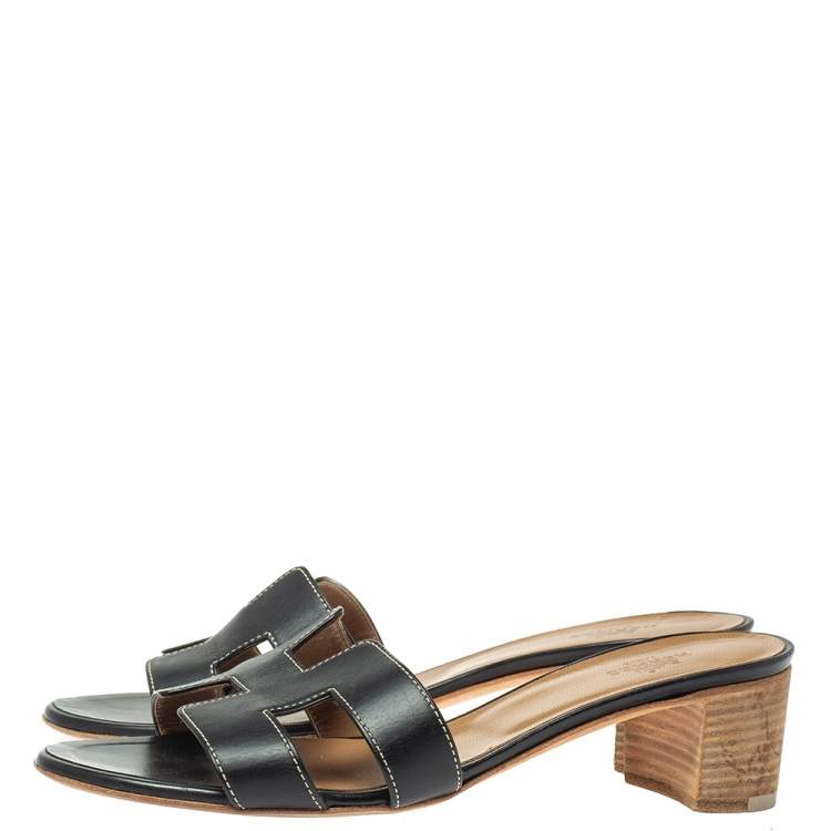 Pre Owned Hermes Black Leather Oran Sandals Size 37