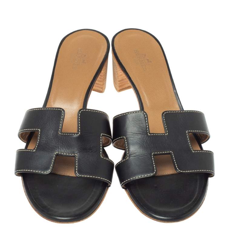 Pre Owned Hermes Black Leather Oran Sandals Size 37