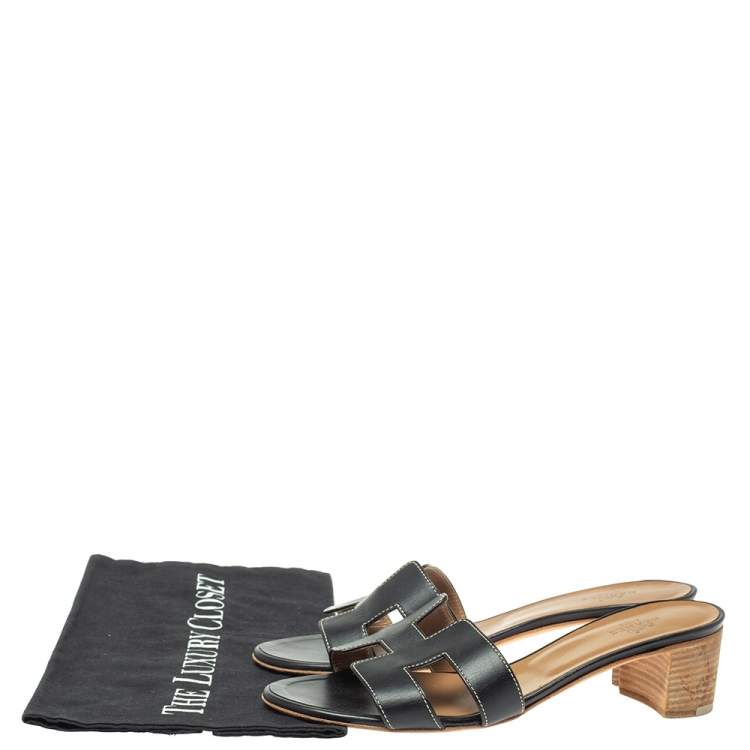 Pre Owned Hermes Black Leather Oran Sandals Size 37