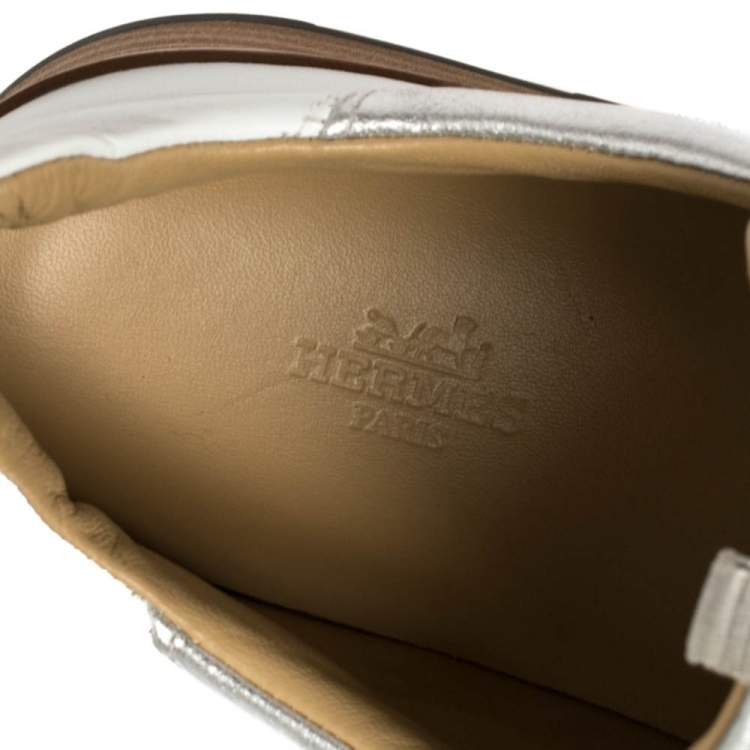 Pre Owned Hermes Silver Leather and Suede Trail Low Top Sneakers Size 38.5