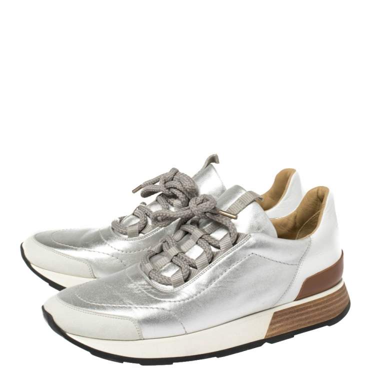 Pre Owned Hermes Silver Leather and Suede Trail Low Top Sneakers Size 38.5