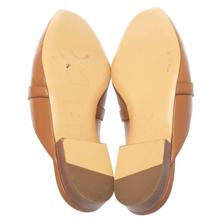 Pre Owned Hermes Brown Leather Palladium Plated Oz Flat Mules Size 37.5