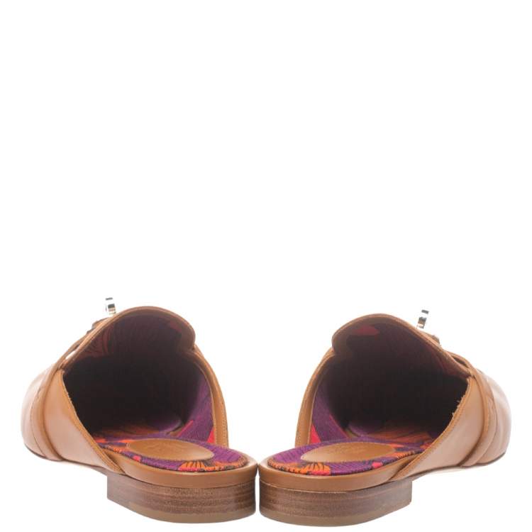 Pre Owned Hermes Brown Leather Palladium Plated Oz Flat Mules Size 37.5