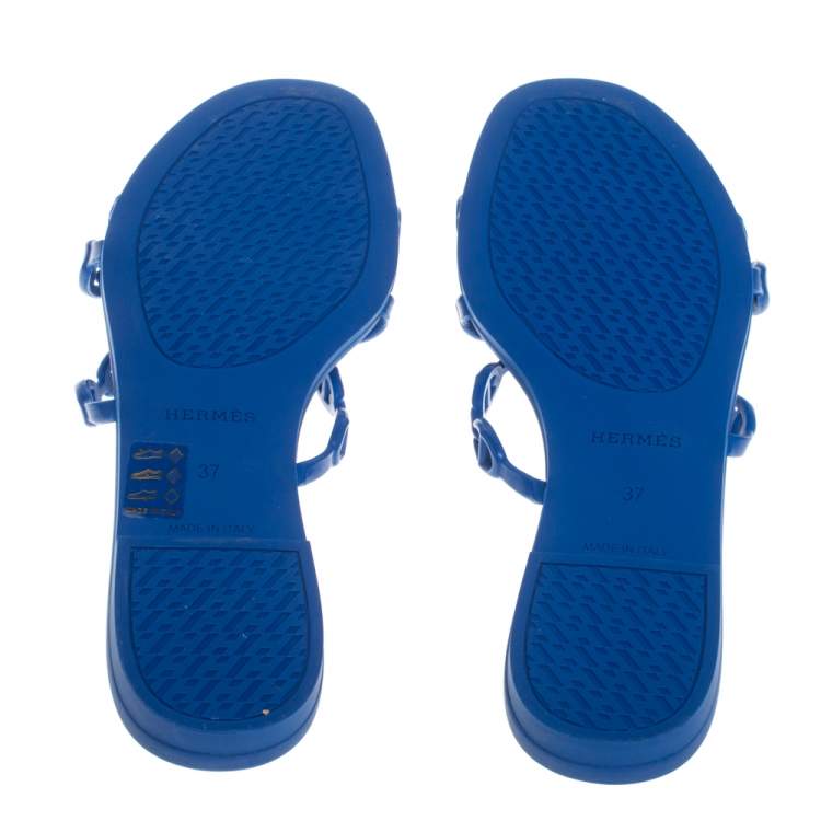 Pre Owned Hermes Blue Rubber Chaine d'Ancre Rivage Slide Sandals Size 37