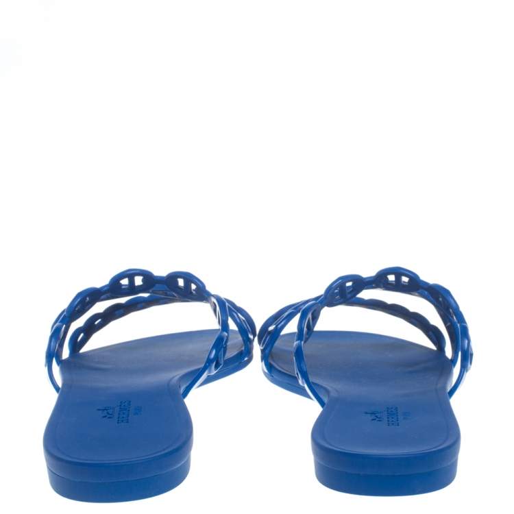 Pre Owned Hermes Blue Rubber Chaine d'Ancre Rivage Slide Sandals Size 37