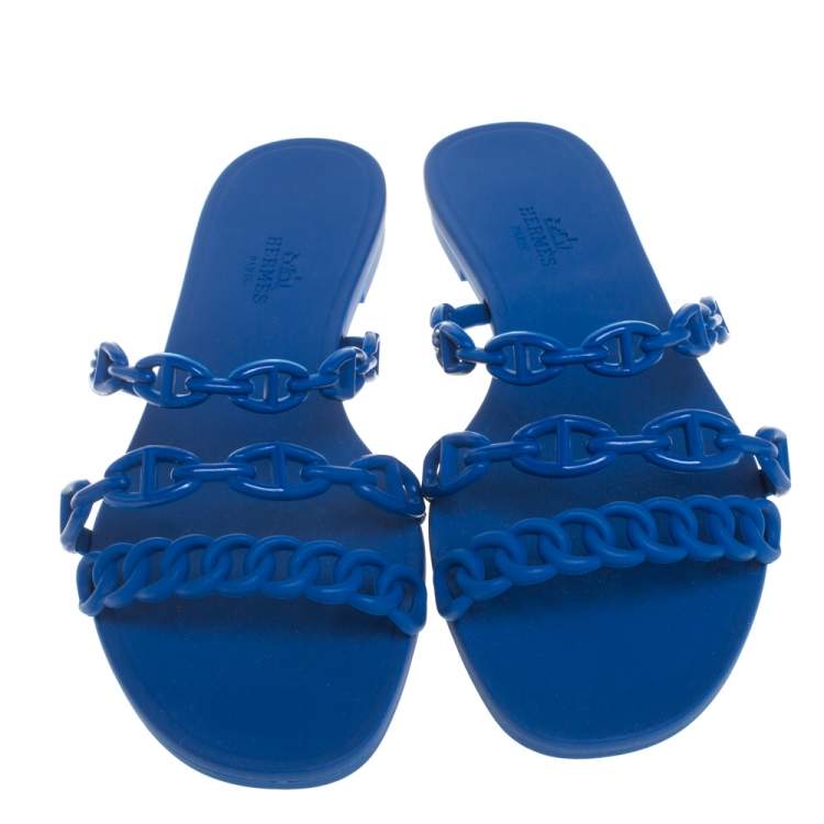 Pre Owned Hermes Blue Rubber Chaine d'Ancre Rivage Slide Sandals Size 37