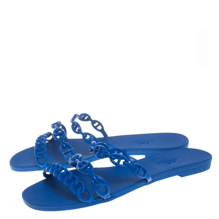Pre Owned Hermes Blue Rubber Chaine d'Ancre Rivage Slide Sandals Size 37