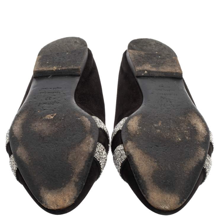 Pre Owned Hermes Black Suede Roxanne Flat Mules Size 37