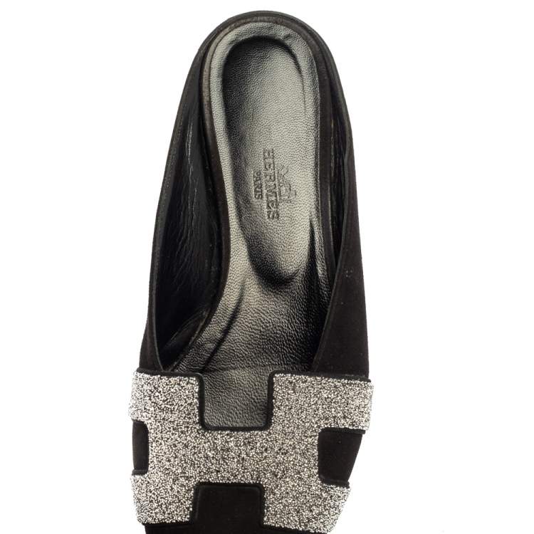 Pre Owned Hermes Black Suede Roxanne Flat Mules Size 37