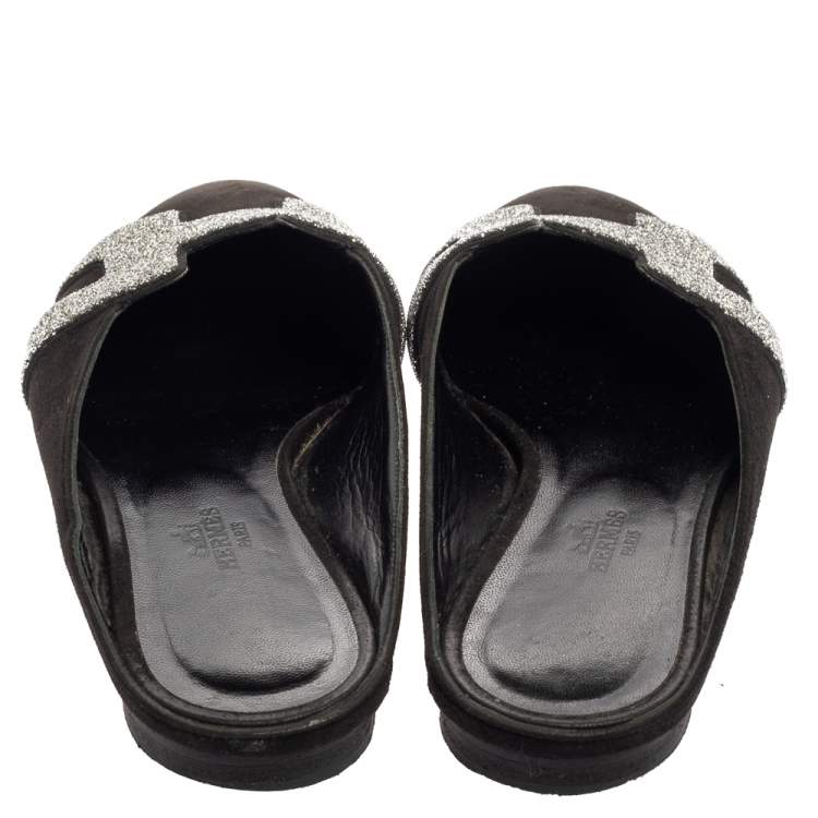 Pre Owned Hermes Black Suede Roxanne Flat Mules Size 37