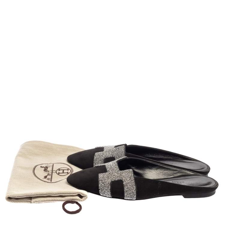 Pre Owned Hermes Black Suede Roxanne Flat Mules Size 37