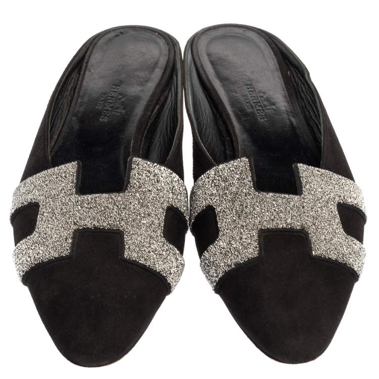 Pre Owned Hermes Black Suede Roxanne Flat Mules Size 37