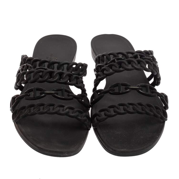 Pre Owned Hermes Black Rubber D'ancre Chaine Rivage Flats Size 40