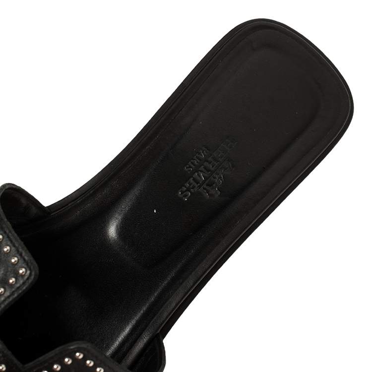Pre Owned Hermes Black Leather Studded Oran Flats Size 38