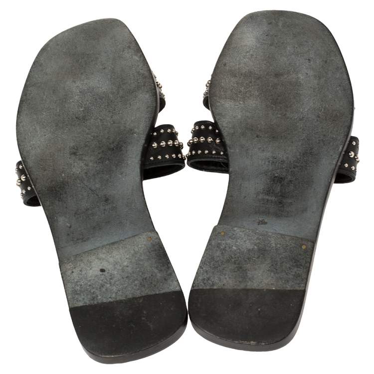 Pre Owned Hermes Black Leather Studded Oran Flats Size 38