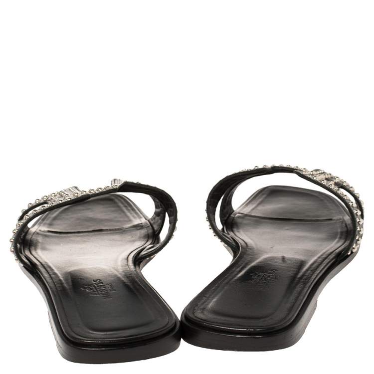 Pre Owned Hermes Black Leather Studded Oran Flats Size 38