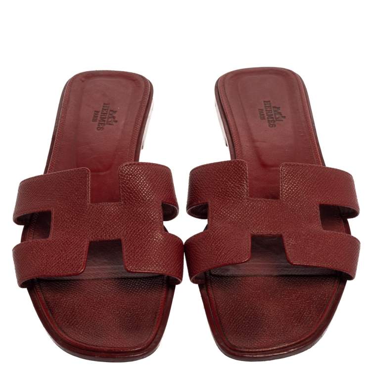 Pre Owned Hermes Burgundy Leather Oran Flats Size 40