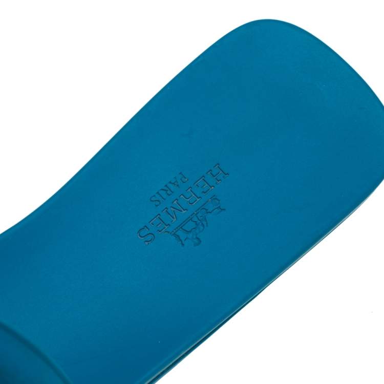 Pre Owned Hermes Blue Rubber Omaha Slide Sandals Size 39