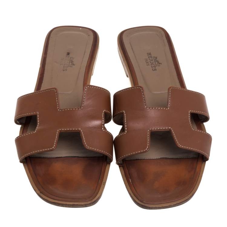Pre Owned Hermes Brown Leather Oran Sandals Size 40